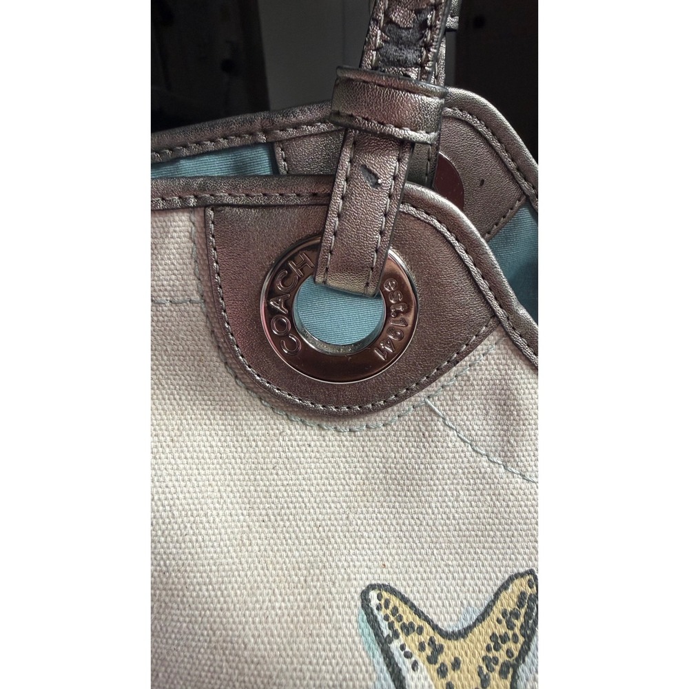 Coach Starfish Beach Canvas Tote Bag Silver Metallic Leather Trim F19212 - Picture 8 of 13